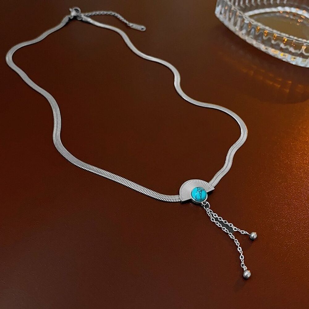 Silver Tone Classic Chic Faux Turquoise Tassel Pendant Necklace Adjustable 18"